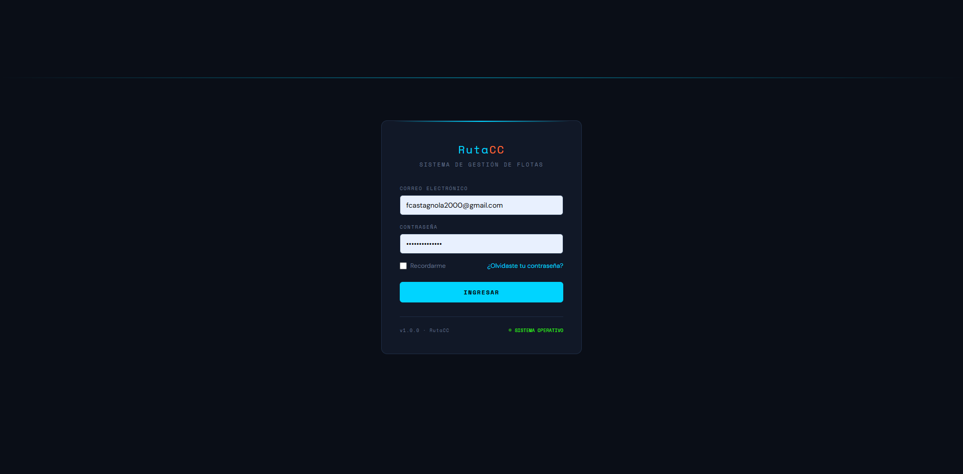 Pantalla de acceso de RutaCC